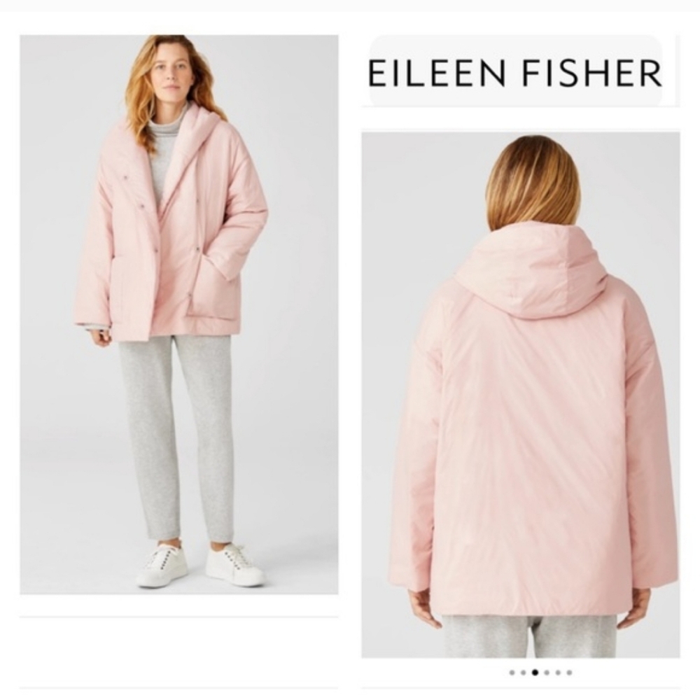 EILEEN FISHER Eggshell Recycled Nylon Hooded Coat Jacket In Powder Pink Sz L